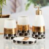 Kookee Ceramic Bathroom Set – Stylish 4 Piece Bath Accessories Kit with Soap Dispenser, Toothbrush Holder, Tumbler & Soap Dish – Modern & Designer Decor, White/Gold/Black (10081)