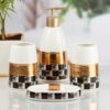 Kookee Ceramic Bathroom Set – Stylish 4 Piece Bath Accessories Kit with Soap Dispenser, Toothbrush Holder, Tumbler & Soap Dish – Modern & Designer Decor, White/Gold/Black (10081)