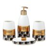 Kookee Ceramic Bathroom Set – Stylish 4 Piece Bath Accessories Kit with Soap Dispenser, Toothbrush Holder, Tumbler & Soap Dish – Modern & Designer Decor, White/Gold/Black (10081)
