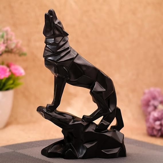 Deepak Craft Gallery Handcrafted Black Wolf Sculpture - Diamond Cut Design Home Decor Figurine for Living Room or Office