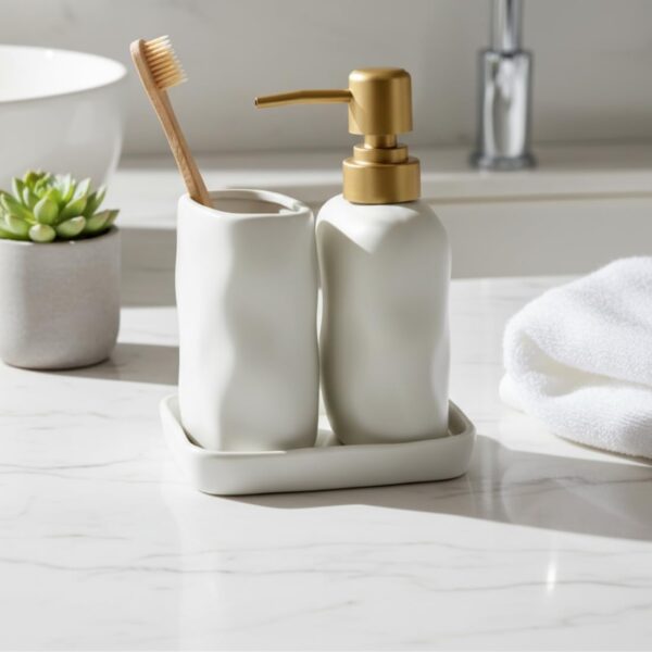 MASON HOME Lucent Bathroom Set - White (Set of 3) | Accessories Set - 1 Tray, 1 Tumbler & 1 Liquid Soap Dispenser | Toothbrush & Tooth Paste Stand - Handwash - Washroom Décor | Hotel - Home - Office