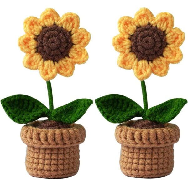 VRB Dec Plastic TM 1 Pcs Crochet Flowers Artificial Sunflower for Office Desk Car Dashboard Decor,Home Decoration, Office, Bedroom, Christmas Decor, Wedding (Sunflower with Crochet Pot)
