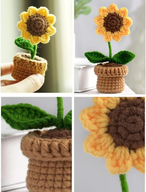 VRB Dec Plastic TM 1 Pcs Crochet Flowers Artificial Sunflower for Office Desk Car Dashboard Decor,Home Decoration, Office, Bedroom, Christmas Decor, Wedding (Sunflower with Crochet Pot)