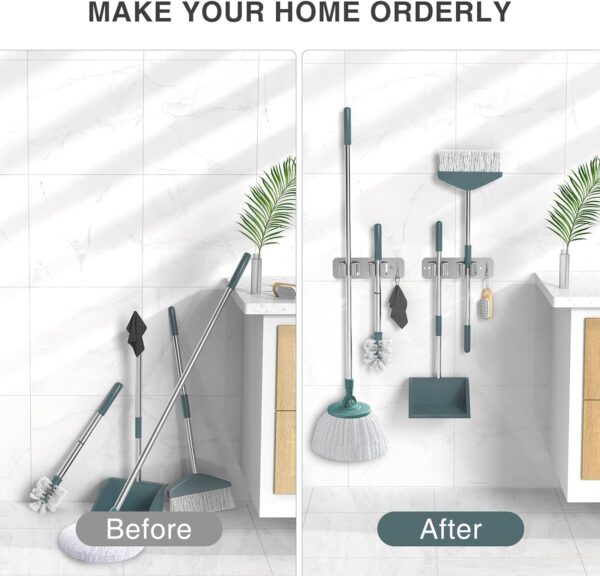 Wall Mounted Mop & Broom Holder with Hooks | Stainless Steel Organizer Rack for Cleaning Tools, Mops, Brooms, Brushes & Accessories | Space Saving Storage for Bathroom, Kitchen [2 piece]