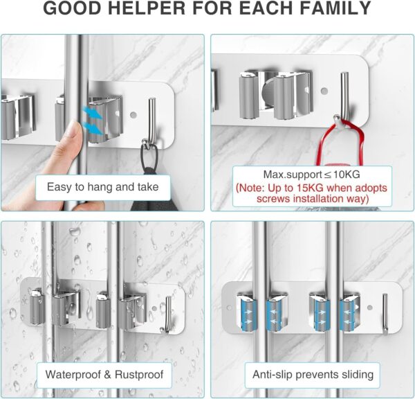 Wall Mounted Mop & Broom Holder with Hooks | Stainless Steel Organizer Rack for Cleaning Tools, Mops, Brooms, Brushes & Accessories | Space Saving Storage for Bathroom, Kitchen [2 piece]