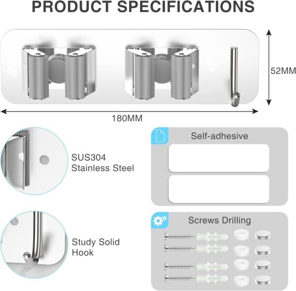 Wall Mounted Mop & Broom Holder with Hooks | Stainless Steel Organizer Rack for Cleaning Tools, Mops, Brooms, Brushes & Accessories | Space Saving Storage for Bathroom, Kitchen [2 piece]