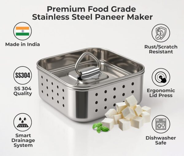 1774945117_Kraft-Stainless-Steel-Paneer-Press-Maker-Easy-to-Use-Square-Shape-Mould-Machine-for-Perfect-Homemade-Tofu-or-Paneer-Compact-Design-250-ml-10.2-X-4.2-cm-Small.jpg Kraft Stainless Steel Paneer Press Maker - Easy to Use Square Shape Mould Machine for Perfect Homemade Tofu or Paneer, Compact Design 250 ml 10.2 X 4.2 cm (Small)