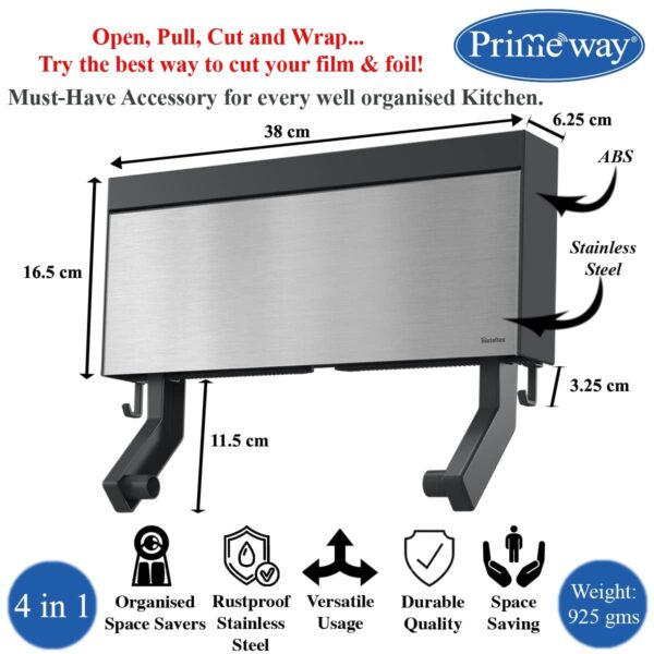 Primeway® Stainless Steel + Plastic 4 in 1 Tango INOX Wall-Mounted Kitchen Rolls Dispenser Holder for Film, Foil, Paper with Multi Utility Spices/Storage Rack & 6 Hooks, Grey
