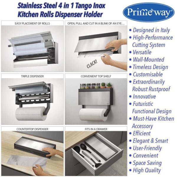 Primeway® Stainless Steel + Plastic 4 in 1 Tango INOX Wall-Mounted Kitchen Rolls Dispenser Holder for Film, Foil, Paper with Multi Utility Spices/Storage Rack & 6 Hooks, Grey