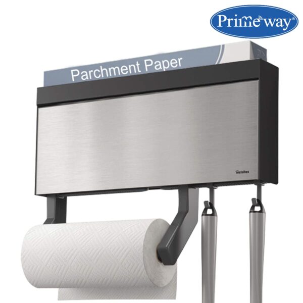 Primeway® Stainless Steel + Plastic 4 in 1 Tango INOX Wall-Mounted Kitchen Rolls Dispenser Holder for Film, Foil, Paper with Multi Utility Spices/Storage Rack & 6 Hooks, Grey