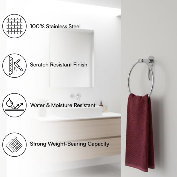 OSLEN Stainless Steel Self Adhesive Round Towel Ring | No Drilling Wall Mounted Bathroom Accessories | Durable Napkin Hand Towel Holder for Kitchen, Wash Basin, Home and Hotels (Chrome Finish)