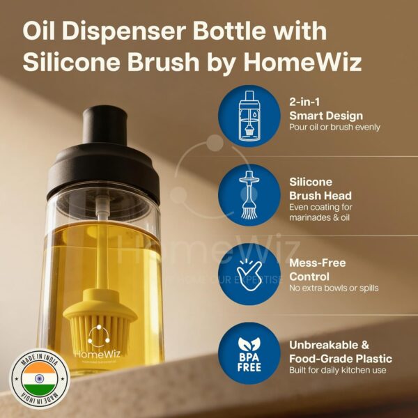 HomeWiz BPA-Free Plastic Oil Dispenser Bottle with Silicone Brush | Perfect for Air-Fryer Low-Oil Cooking, Baking, BBQ & Marinating | Easy-Pour Drip-Free Kitchen Oil Container – 350ml