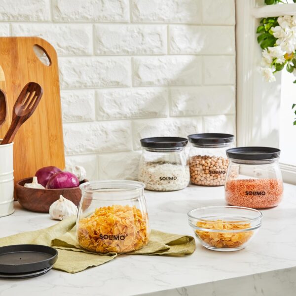Amazon Solimo Plastic Storage Jar and Container Set I Air Tight & BPA Free Containers for Kitchen Storage Set I Grocery Kitchen Container Set I Multipurpose Jar | 800 Ml Each | Set 4 | Black