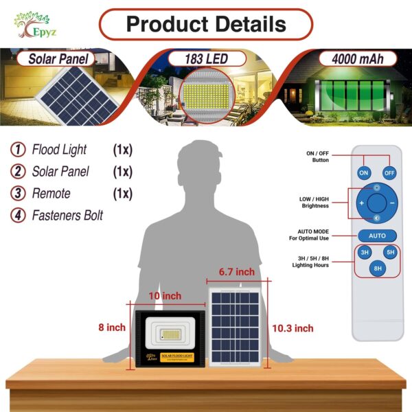 Epyz 50Watt Solar Flood Light Outdoor Waterproof with Remote Control for Home Automatic LED Lamp [ Pack of 1, Warm Yellow Light ] [ 4000mAh, 183LED ]-Light Power 50W - 4000mAh