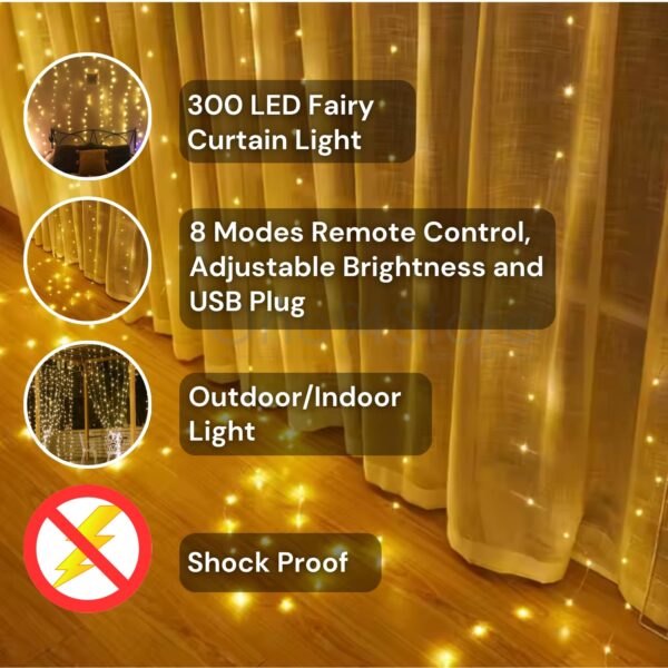 1774974775_One94Store-Plastic-Fairy-Curtain-String-Lights-for-Wall-Decoration-Warm-White-USB-Powered-300-LEDs-8-Flashing-Modes-Window-Backdrop-Lights-for-Bedroom-Party-Diwali-Christmas-3x3-Meter.jpg One94Store Plastic Fairy Curtain String Lights for Wall Decoration, Warm White USB Powered 300 LED's, 8 Flashing Modes, Window Backdrop Lights for Bedroom, Party, Diwali, Christmas - 3x3 Meter