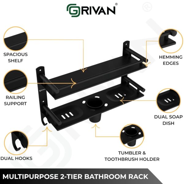 GRIVAN Stainless Steel 2-Tier Bathroom Accessories Set – Heavy Duty Bathroom Shelves with Dual Soap Holder, Toothbrush Holder & Tumbler | Wall Mounted Bathroom Organizer (Black Matte)