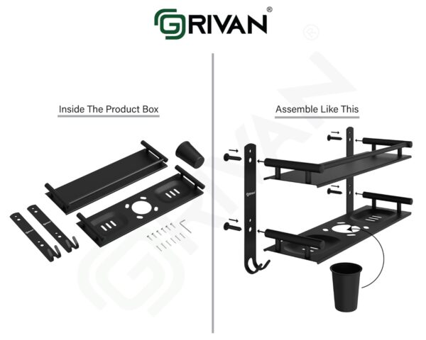 GRIVAN Stainless Steel 2-Tier Bathroom Accessories Set – Heavy Duty Bathroom Shelves with Dual Soap Holder, Toothbrush Holder & Tumbler | Wall Mounted Bathroom Organizer (Black Matte)