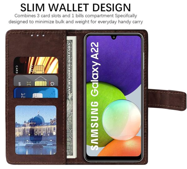 Amazon Brand- Solimo Flip Leather Mobile Cover (Soft, Flexible & Kickstand Back case) Compatible for Samsung Galaxy A22 4G / F22 4G (Coffee)