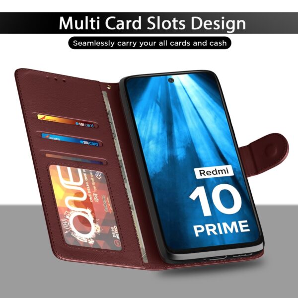 Pikkme Mi Redmi 10 Prime Flip Cover Leather Finish Wallet Back Case for Mi Redmi 10 Prime (Brown)