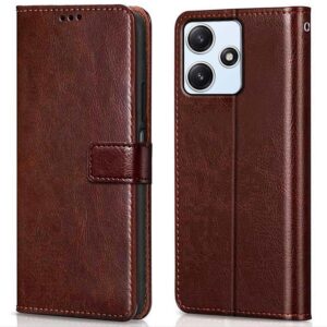 WOW IMAGINE Shock Proof Flip Cover Back Case Cover for Mi Redmi 12 5G | Redmi 12 4G | Poco M6 Pro 5G (Flexible | Leather Finish | Card Pockets Wallet & Stand | Chestnut Brown)