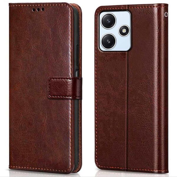 WOW IMAGINE Shock Proof Flip Cover Back Case Cover for WOW IMAGINE Shock Proof Flip Cover Back Case Cover for Mi Redmi 12 5G | Redmi 12 4G | Poco M6 Pro 5G (Flexible | Leather Finish | Card Pockets Wallet & Stand | Chestnut Brown)