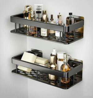 2-Pack Aluminium Self Adhesive Bathroom Shelf Organizer – Wall Mounted, Organiser Without Drill, Floating Storage Rack Holder Stand for Bathroom, Kitchen Accessories - Large Capacity Rustproof