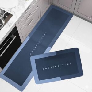 2-Pcs Kitchen Mat Set – Blue Waterproof Memory Foam Anti-Fatigue Rugs, Non-Slip Mats for Kitchen, Sink, Laundry & Home Office – 120x40 cm + 40x60 cm (Cooking Time Design)