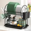 2 Tier Black Dish Drainer Rack with Drip Tray, Stainless Steel Draining Dish Rack drainer with Draining Board and Utensils Holder, Dish Drying Rack Kitchen Drainer for Small Kitchen Countertop