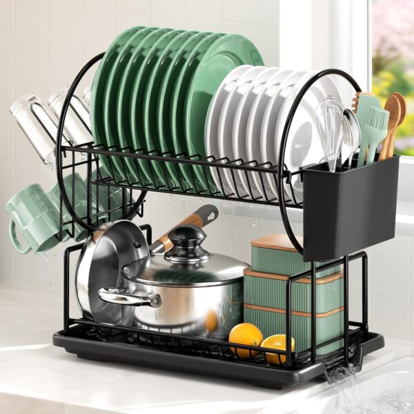 2 Tier Black Dish Drainer Rack with Drip Tray, Stainless Steel Draining Dish Rack drainer with Draining Board and Utensils Holder, Dish Drying Rack Kitchen Drainer for Small Kitchen Countertop