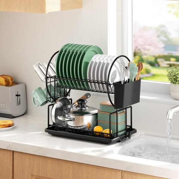 2 Tier Black Dish Drainer Rack with Drip Tray, Stainless Steel Draining Dish Rack drainer with Draining Board and Utensils Holder, Dish Drying Rack Kitchen Drainer for Small Kitchen Countertop