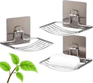 3 Pcs Soap Holder Set for Bathroom & Kitchen Sink | Self Adhesive Wall Mounted Soap Dish Stand | Stainless Steel Silver Chrome Waterproof Self Draining Rack with Magic Sticker (Pack of 3)