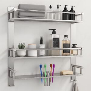 3-Tier Bathroom Shelf for Wall | Steel Shampoo Holder Rack with Double Soap Dish, Toothbrush Stand & Tumbler | Bathroom Accessories Organizer Shelf