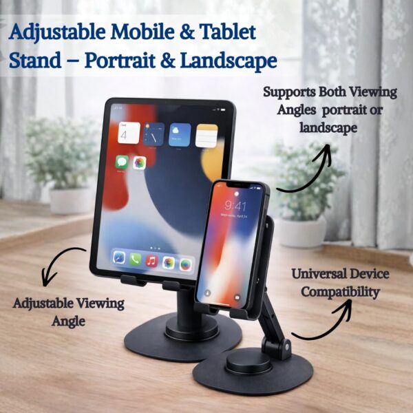 360° Rotating Metal Mobile Phone &Tab Stand for Desk & Bedside – Adjustable Phone Holder with Anti‑Slip Base