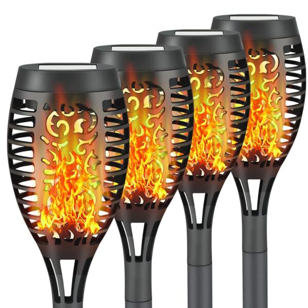 4 Pack Led Solar Torch Light with Flickering Flame, Outdoor 4 Pack Led Solar Torch Light with Flickering Flame, Outdoor Waterproof Solar Torches Stake Lights, Auto On/Off Solar Garden Lights Decorations (4 Pack)