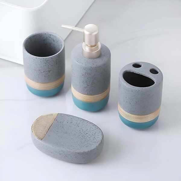 4-Piece Ceramic Bathroom Accessory Set | Soap Dispenser, Toothbrush Holder, Tumbler & Soap Dish | Modern Stone Finish Bathroom Set for Home & Hotel