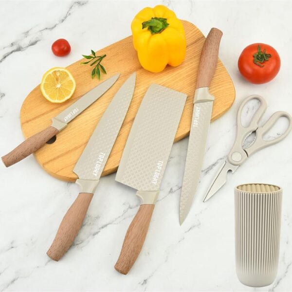 6 Piece Knife Set with Block | 6-Piece Professional Chef Cooking Knives Set for Kitchen | Non-Stick Stainless Steel Knife Block Set | Ergonomical Design (Beige)