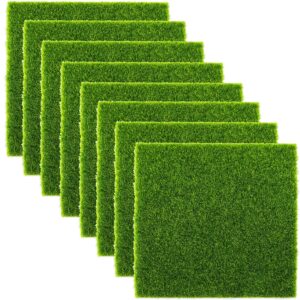 8 Pcs Miniature Decorations with Grass Mat for Decoration, 5.9*5.9in Green Grass Mat & Miniature Garden Decorations - Indoor Outdoor DIY Fairy Garden Accessories, Shelf Window Display Decor Set