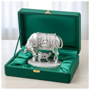 999 Pure Silver Plated Kamdhenu Cow Idol | 2.5 inch Vastu Home Decor for Pooja Room & Mandir | Symbol of Prosperity & Abundance | Ideal Religious & Spiritual Gift