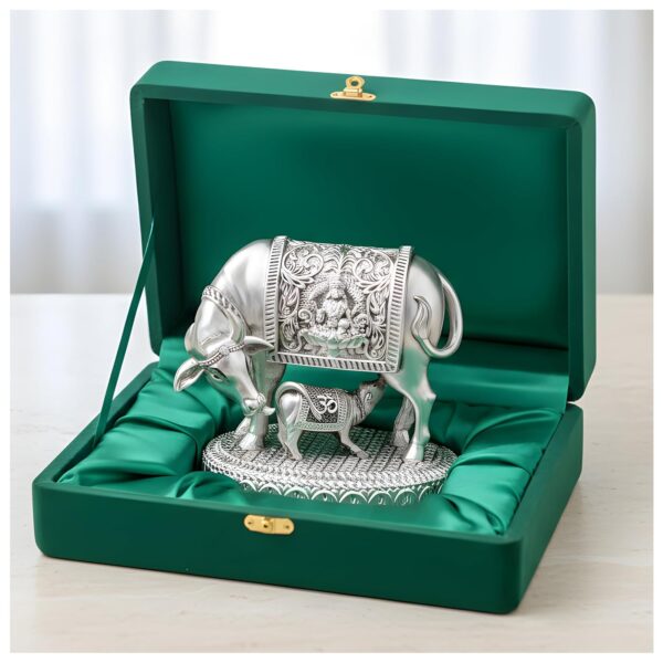 999 Pure Silver Plated Kamdhenu Cow Idol | 2.5 inch Vastu Home Decor for Pooja Room & Mandir | Symbol of Prosperity & Abundance | Ideal Religious & Spiritual Gift