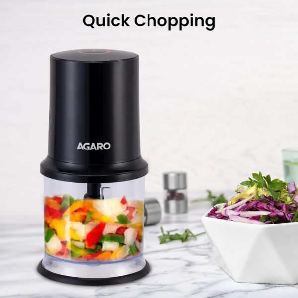 AGARO Electric Chopper, 400 Watts, Vegetable Chopper, Cutter, 100% Pure Copper Motor, Chop, Mince, Dice, Twin Stainless Steel Blade, 500 Ml, One Touch Operation, Elegant, Black.
