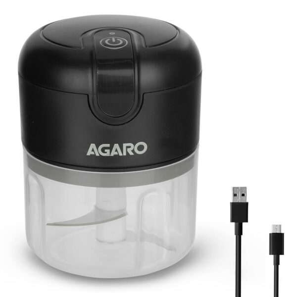 AGARO Elite Rechargeable Mini Electric Chopper, Food Grade Bowl, Stainless Steel Blades, Rechargeable, One Touch Operation, for Chopping Garlic, Ginger, Onion, Vegetable, Nuts, 250 Ml, Black