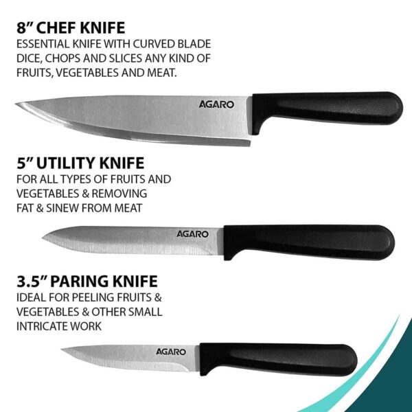 AGARO Majestic 3 Pcs Knife Set for Kitchen, High Carbon Stainless Steel, Non-Slip PP Handle, Cooking, Cutting, Slicing, Utility, Paring, Home and Restaurant Use, Silver.