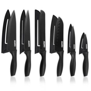 AGARO Royal 6 Pcs Kitchen Knife Set with Cover, High Carbon Stainless Steel Black Colour Coated Professional Chef Knife, Utility, Sontuku, Bread, Utility, Paring, for Home & Restaurant Use, Black