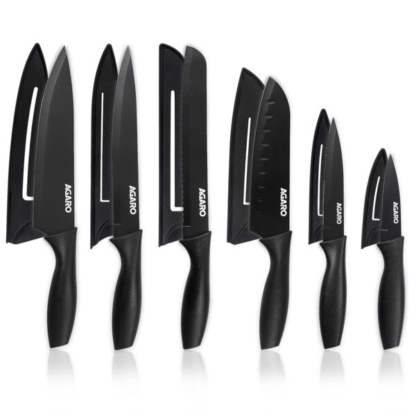 AGARO Royal 6 Pcs Kitchen Knife Set with Cover, High Carbon Stainless Steel Black Colour Coated Professional Chef Knife, Utility, Sontuku, Bread, Utility, Paring, for Home & Restaurant Use, Black
