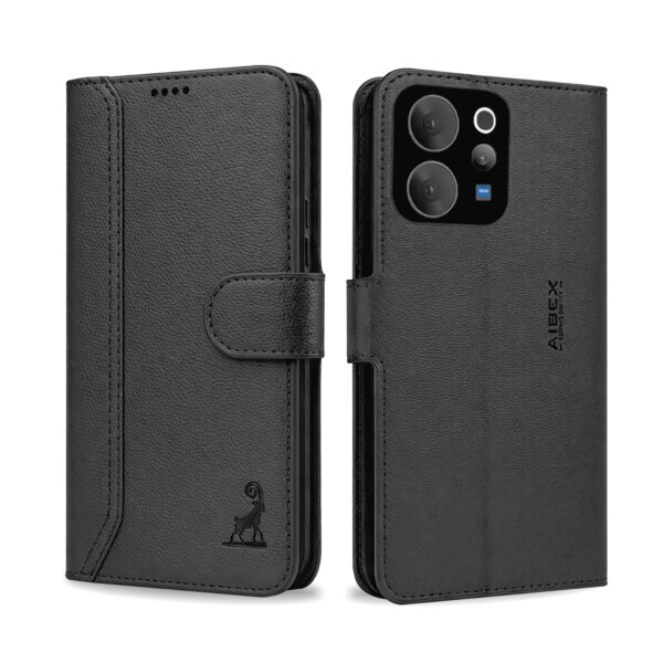 AIBEX ® Compatible for Vivo V70 5G / Vivo V70 Elite 5G Flip Cover Leather Finish | Inside TPU with Card Pockets | Wallet Stand | Complete Protection Flip Case Black