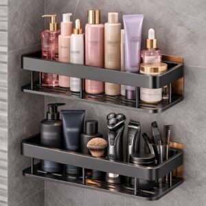 Aluminium Self Adhesive Bathroom Shelf for Wall | Pack of 2 | No Drill Wall Mounted Bathroom Shelves Rack | Corner Shelf Organizer Holder Stand for Bathroom Accessories Storage | Black