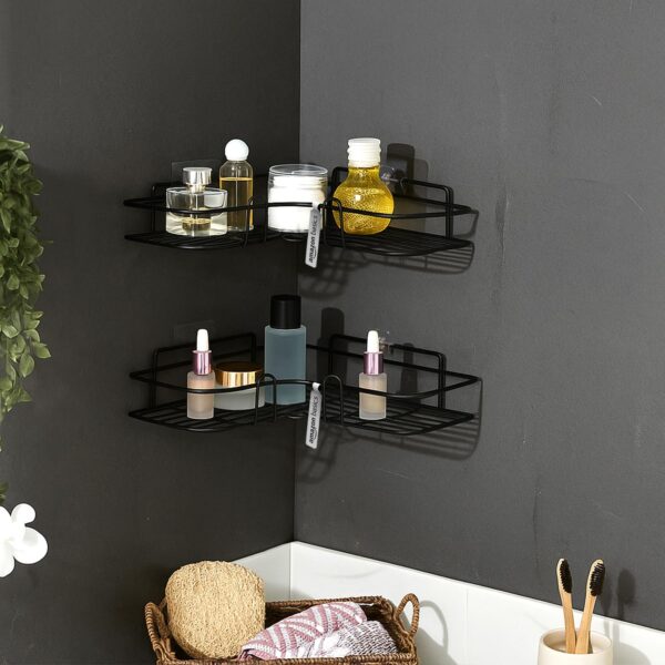 Amazon Basics Modern Wall Mounted Corner Rack for Bathroom | Mild Steel Storage Shelf for Toiletries, Shampoo, Soap & Accessories| Self adhesive | Rust-Resistant, Easy to Clean, Space-Saving Organizer – 27.5 x 27.5 x 6.2 cm, Pack of 2, Black