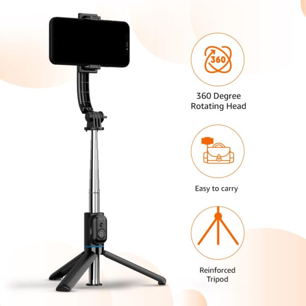 Amazon Basics Selfie Stick with Detachable Phone Clip | 107 cm Extendable | Remote Control | Compatible with Mirrorless/Action Camera, Ring Light, Gopro | Ideal for Selfies, Vlogging, Black