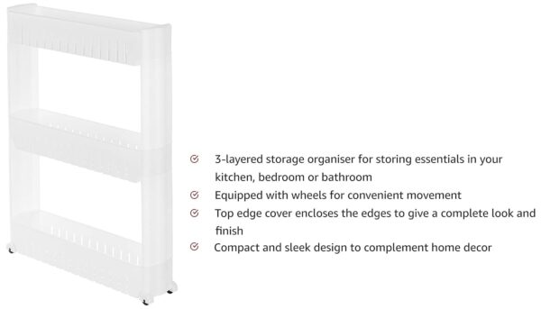 Amazon Basics Slim Rolling Storage Rack – 3-Tiered Shelf Plastic Slide-Out Organizer | Space-Saving, Multipurpose | for Kitchen, Bathroom, Laundry, Pantry & Utility Storage | Floor Standing | White