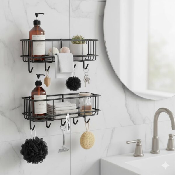 Amazon Basics Wall Mounted Bath Rack with Hooks | Self adhesive| Mild Steel Bathroom Shelf for Toiletries, Loofahs & Razors | Sturdy, Easy to Clean, Rust-Resistant Bathroom Organizer – 28 x 12.2 x 9.6 cm, Pack of 2, Black